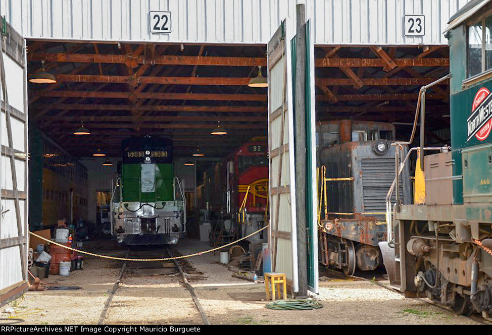 Diesel locomotives inside the barn